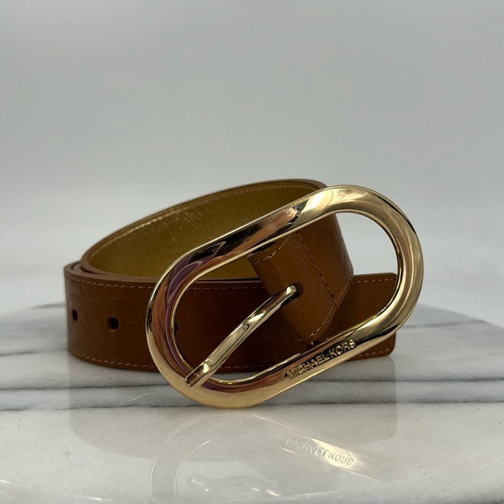 Michael Kors gold and faux leather brown mk embossed belt